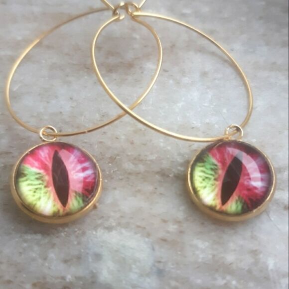 Gold Stainless Steel Dangle Dragon Snake Eye Round Circle Hoop Earrings - Picture 5 of 7